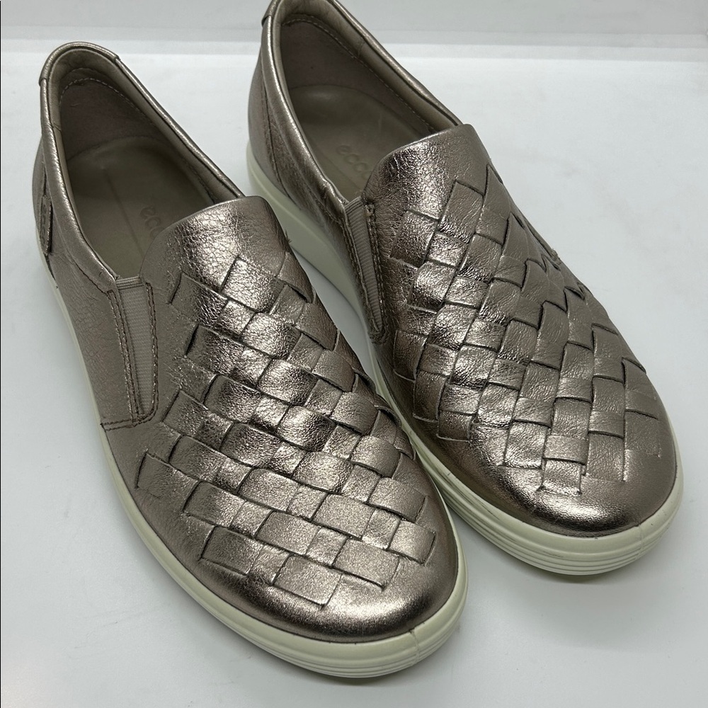 ECCO Shoes Womens 37 Soft 7 Woven Slip On Sneakers Rose Gold Leather Casual